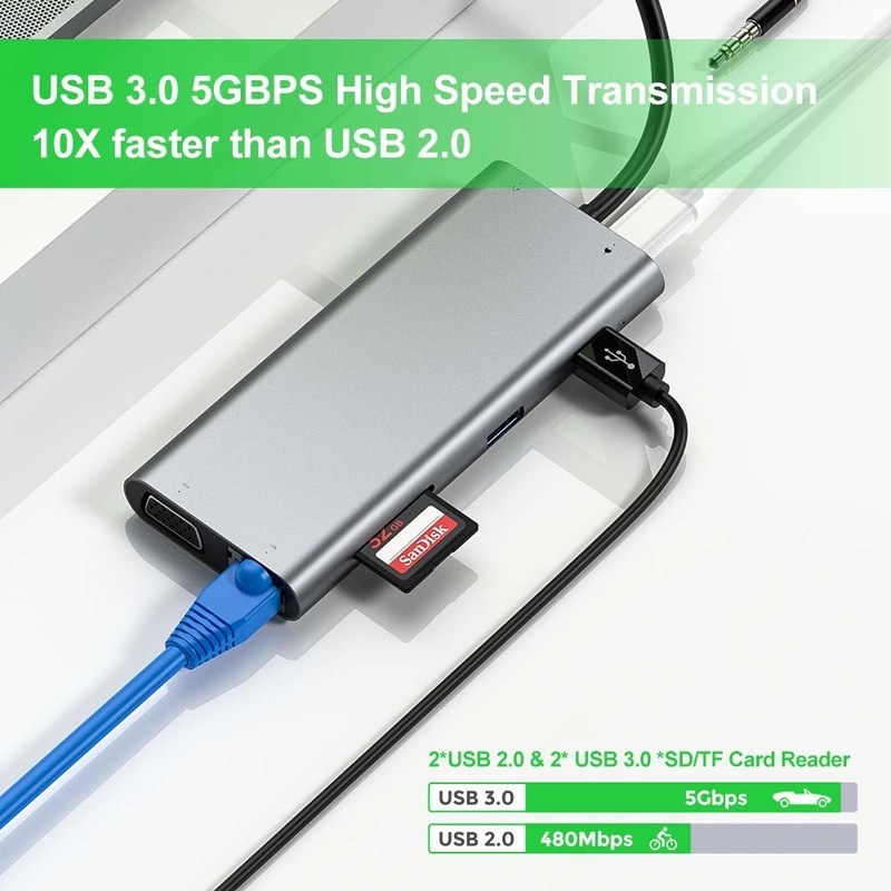 11 পোর্ট 11 ইন 1 ইউএসবি টাইপ সি হাব 10Gbps ইউএসবি সি ডকিং স্টেশন প্লাগ অ্যান্ড প্লে সফটওয়্যার ইন্টিগ্রেশন
