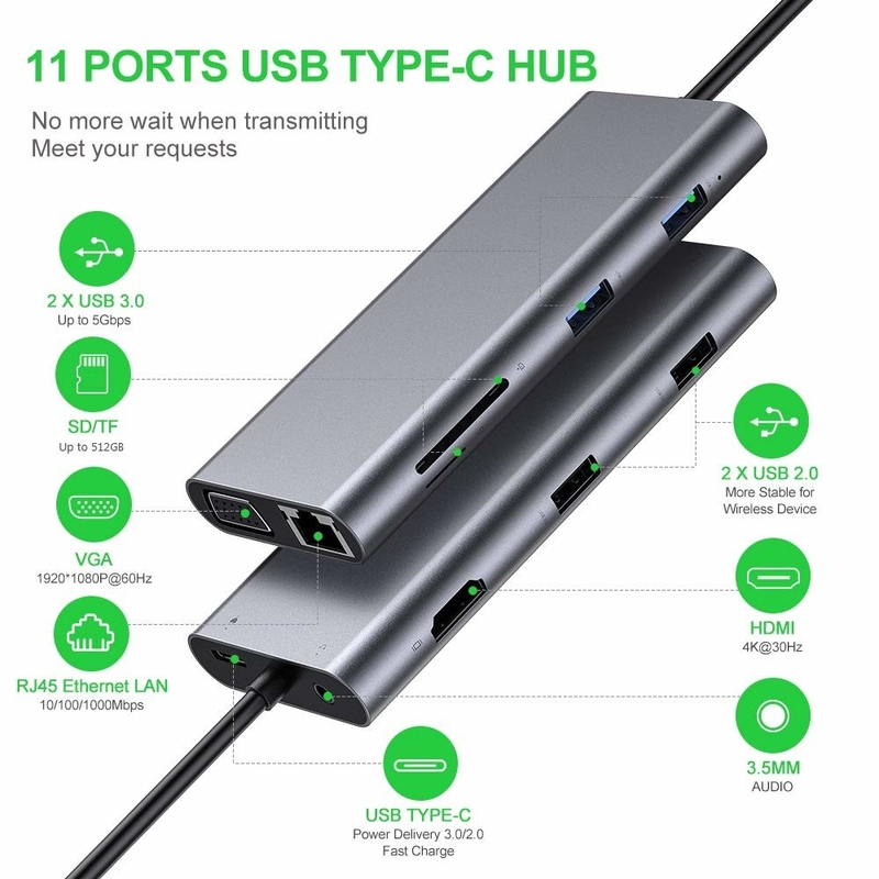 11 পোর্ট 11 ইন 1 ইউএসবি টাইপ সি হাব 10Gbps ইউএসবি সি ডকিং স্টেশন প্লাগ অ্যান্ড প্লে সফটওয়্যার ইন্টিগ্রেশন