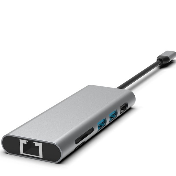 পিসি এবং ল্যাপটপের জন্য HDMI ইউএসবি 3.0 ইথারনেট 3.5 মিমি অডিও জ্যাক সহ সিলভার 10-ইন -1 ইউএসবি-সি হাব