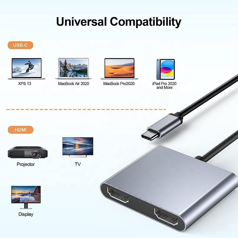 টাইপ সি পুরুষ থেকে দ্বৈত এইচডিএমআই মহিলা থান্ডারবোল্ট 3 ইউএসবি-সি মাল্টি-মনিটর অ্যাডাপ্টার ক্যাবল 4 কে 30Hz