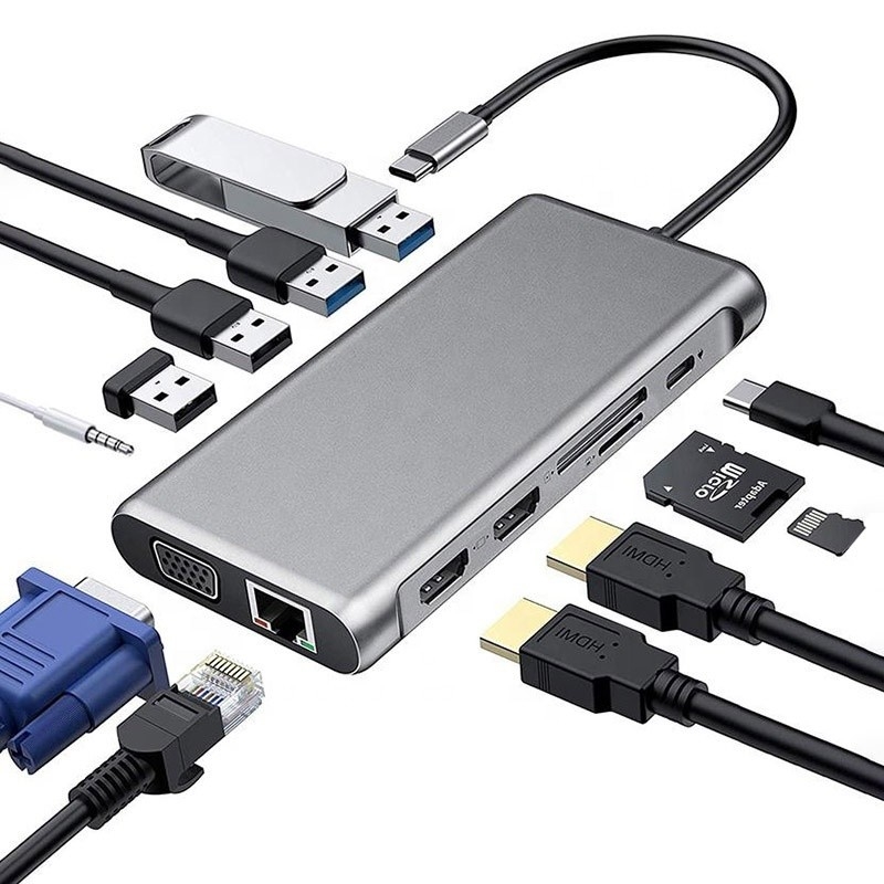 12-ইন-1 ইউএসবি টাইপ-সি ডকিং স্টেশন HDMI 1080P 60Hz 2*HDMI VGA RJ45 4*USB অডিও এসডি/টিএফ পিডি