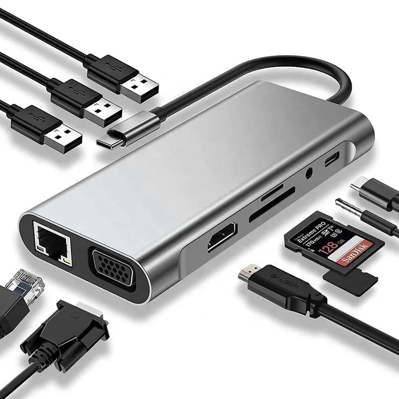 ইউএসবি সি হাব টাইপ-সি থেকে ইউএসবি 3.0 HDMI ভিজিএ আরজে 45 ল্যান এসডি টিএফ অডিও ইউএসবি গ্রে মাল্টিপোর্ট অ্যাডাপ্টার