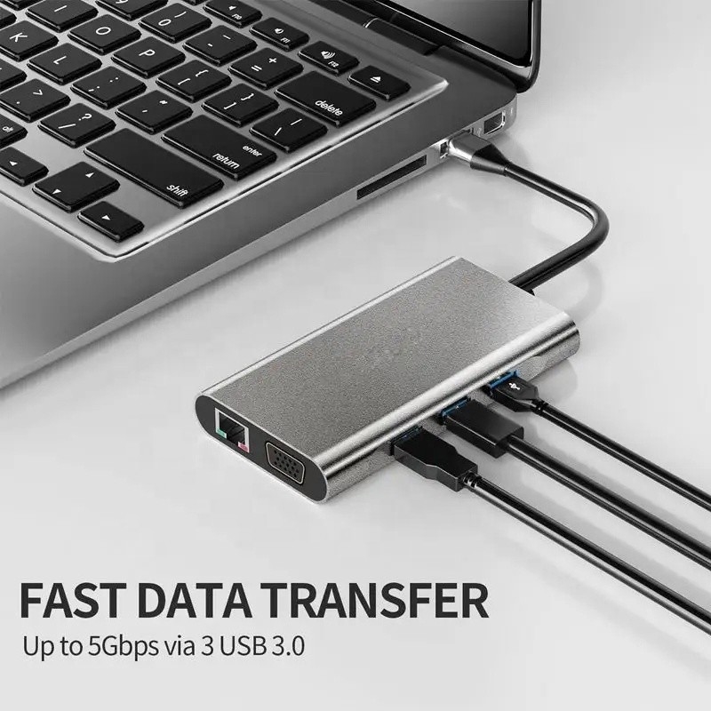 ইউএসবি সি হাব টাইপ-সি থেকে ইউএসবি 3.0 HDMI ভিজিএ আরজে 45 ল্যান এসডি টিএফ অডিও ইউএসবি গ্রে মাল্টিপোর্ট অ্যাডাপ্টার