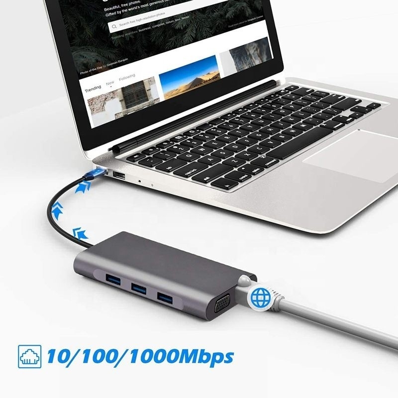 ইউএসবি সি হাব টাইপ-সি থেকে ইউএসবি 3.0 HDMI ভিজিএ আরজে 45 ল্যান এসডি টিএফ অডিও ইউএসবি গ্রে মাল্টিপোর্ট অ্যাডাপ্টার