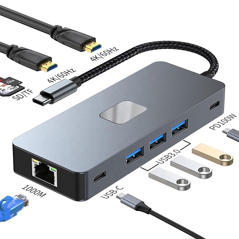 10 ইন 1 ইউএসবি সি হাব টু ডুয়াল এইচডিএমআই 4 কে 60Hz অ্যাডাপ্টার ডক ইউএসবি 3.0 ইথারনেট আরজে 45 1000 এমবিপিএস সহ