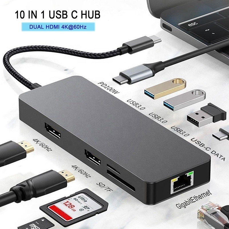 10 ইন 1 ইউএসবি সি হাব টু ডুয়াল এইচডিএমআই 4 কে 60Hz অ্যাডাপ্টার ডক ইউএসবি 3.0 ইথারনেট আরজে 45 1000 এমবিপিএস সহ