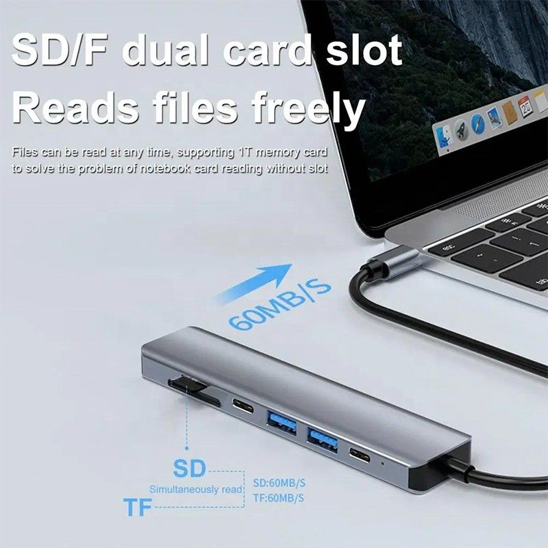 গ্রে 7 ইন 1 ইউএসবি সি টু এইচডিএমআই অ্যাডাপ্টার হাব ডক 4 কে এইচডিএমআই পিডি এসডি টিএফ এসডি / টিএফ কার্ড রিডার সহ
