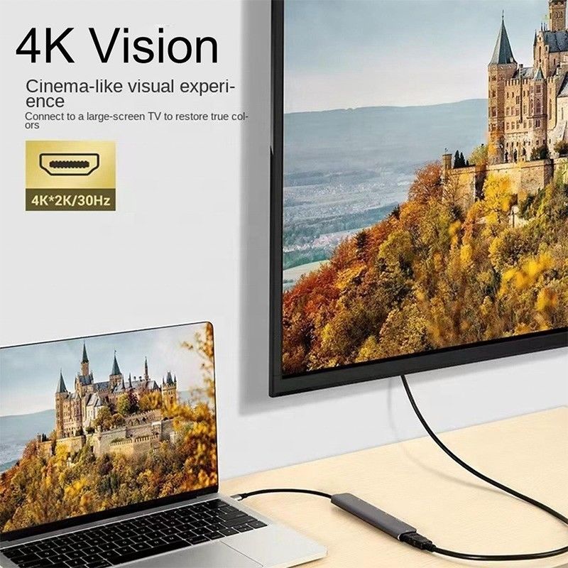 গ্রে 7 ইন 1 ইউএসবি সি টু এইচডিএমআই অ্যাডাপ্টার হাব ডক 4 কে এইচডিএমআই পিডি এসডি টিএফ এসডি / টিএফ কার্ড রিডার সহ