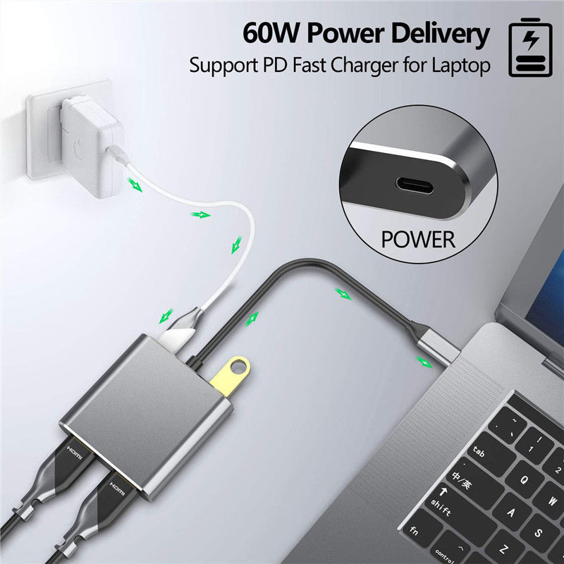 4 ইন 1 ডকিং স্টেশন 2 ডুয়াল 4 কে এইচডিএমআই পোর্ট এবং ইউএসবি-সি টাইপ-সি থেকে ডুয়াল এইচডিএমআই অ্যাডাপ্টারের সাথে