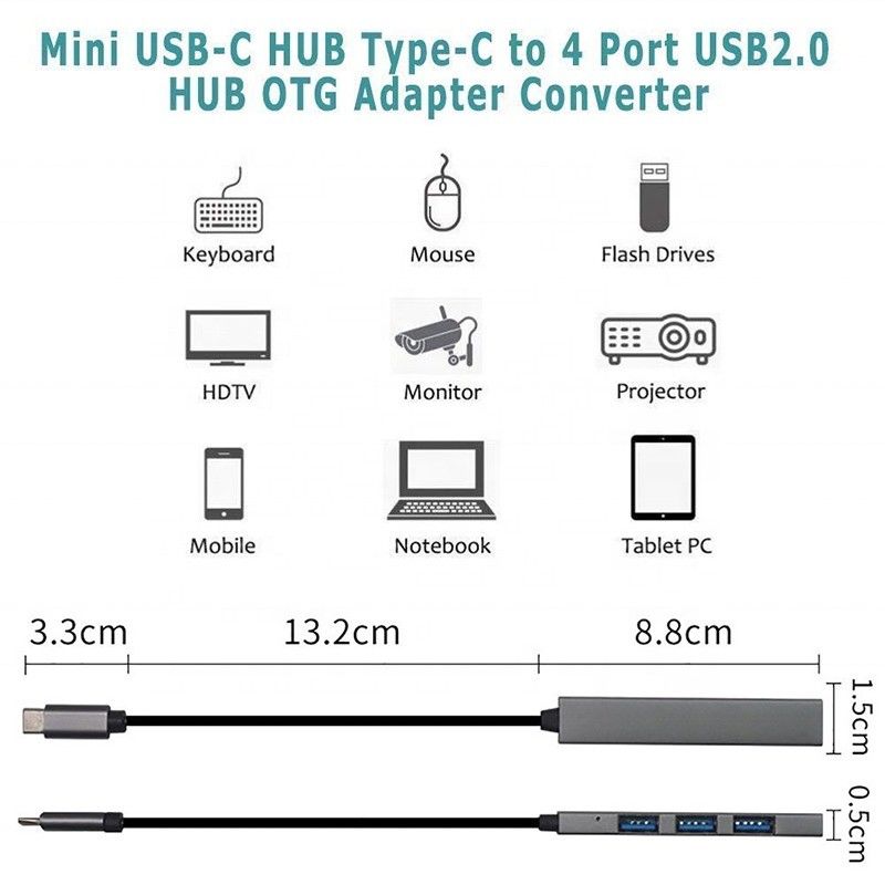 টাইপ সি ইন্টারফেস 4 ইন 1 4 পোর্ট হাব টাইপ-সি ওটিজি থেকে ইউএসবি 3.0 2.0 অ্যাডাপ্টার অ্যালুমিনিয়াম খাদ