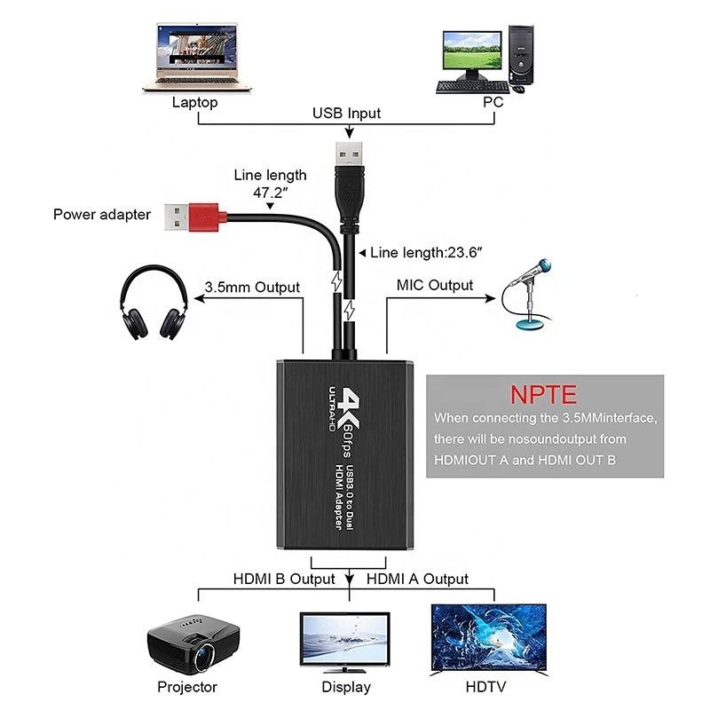 ল্যাপটপ মনিটরের জন্য নন-স্কিল্ড ইউএসবি 3.0 ডুয়াল এইচডিএমআই এক্স 2 আউটপুট অডিও রূপান্তরকারী রূপান্তরকারী