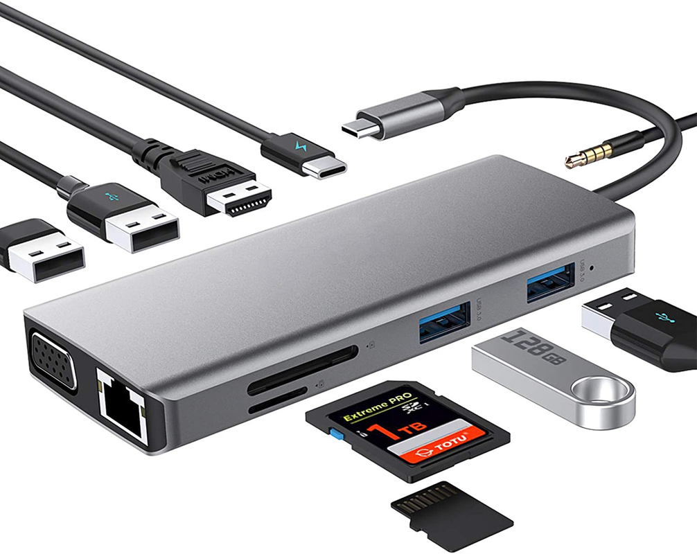 ইউএসবি সি হাব টাইপ-সি থেকে ইউএসবি 3.0 HDMI ভিজিএ আরজে 45 ল্যান এসডি টিএফ অডিও ইউএসবি গ্রে মাল্টিপোর্ট অ্যাডাপ্টার